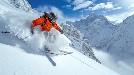Naklejka na ściany i meble Extreme skiing down the snowy slope of the mountain