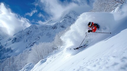 Naklejka na ściany i meble Extreme skiing down the snowy slope of the mountain