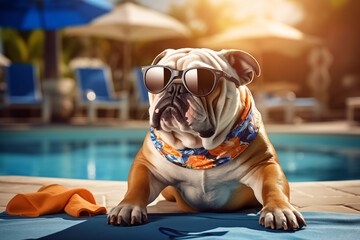 Bulldog on vacation by the pool with sunglasses on - obrazy, fototapety, plakaty