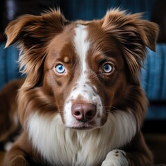 A brown and white dog with blue eyes is looking at the camera with a sad look on his face