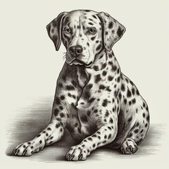 Dalmatian dog, engraving style, close-up portrait, black and white drawing, cute dog, hunting breed