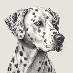 Dalmatian dog, engraving style, close-up portrait, black and white drawing, cute dog, hunting breed