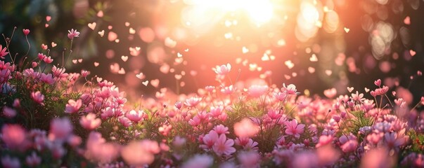 Spring pink flowers on a meadow in beautiful light