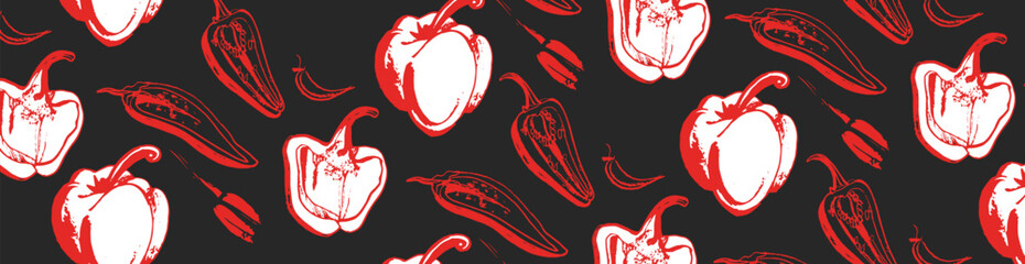 Vector isolated set of red Bulgarian sweet and bitter pepper. Red pepper. Hand drawing. Vegetable engraved style object, full, half and slices. Isolated bell pepper.