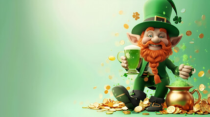 Fototapeta premium red smiling leprechaun in a green hat with a mug of green ale on a green background with space for text, advertising banner or flyer for an Irish pub for St. Patrick's Day