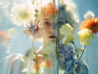 Woman in style, surreal photography and colorful bouquet of flowers, double exposure portrait, blur image, glass layer and creative lighting