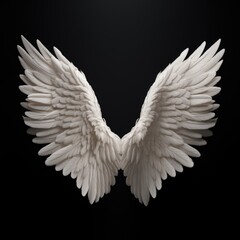 A close up of a white angel wings on a black background with only one wing visible in the foreground