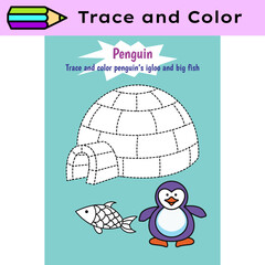 Pen tracing lines activity worksheet for children. Pencil control for kids practicing motoric skills. Penguin igloo educational printable worksheet. Vector illustration. - 720734687