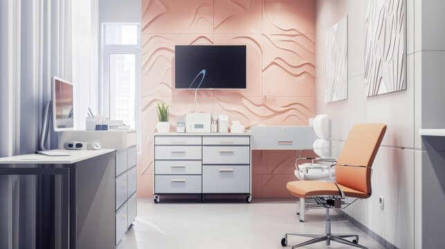 Peach medical environment inspired by simplicity, with a pastel palette and cool gray, featuring an abstract heartbeat waveform pattern for a modern and calming design.