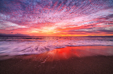 Fototapeta na wymiar Sunrise Beach Beautiful Romantic Ocean Seascape Birds Sunset Tropical Landscape