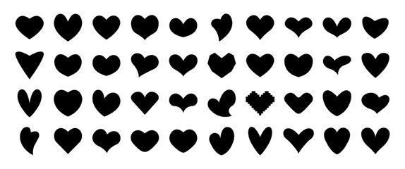 Set different simple black hearts isolated on white for Valentines day card or t-shirt design. Hand drawn style. Vector illustration