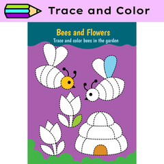 Pen tracing lines activity worksheet for children. Pencil control for kids practicing motoric skills. Bees coloring educational printable worksheet. Vector illustration. - 720735897