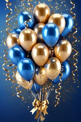 Festive background with blue and gold balloons, confetti and ribbons. Holiday card for anniversary, birthday, Christmas, New Year or other events.