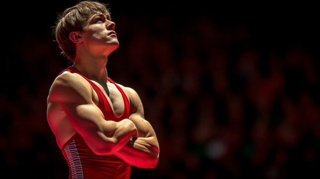 Focused wrestler preparing for match in red singlet under spotlight