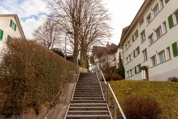 Staircase between residential buildings in St. Gallen. City on the hills
