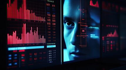 Surveillance monitor display with human face. AI-generated background with digital shapes, futuristic elements and patterns. Future technologies and artificial intelligence. - obrazy, fototapety, plakaty