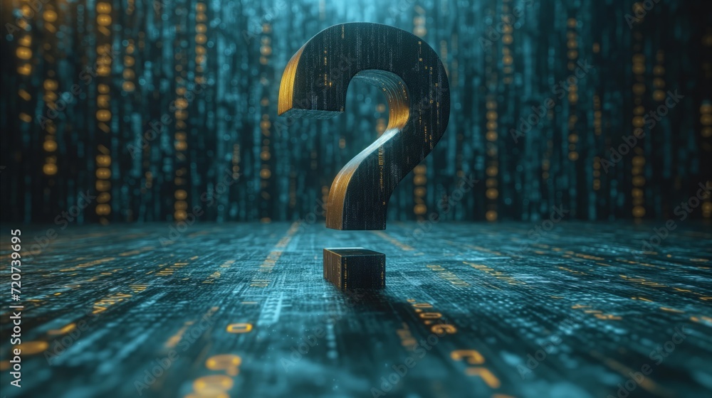 Poster digital mystery, 3d question mark with binary code background