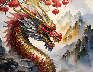 Red and gold dragon, Chinese New Year, Lunar New Year watercolor and paper illustration