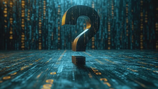 Digital mystery, 3d question mark with binary code background