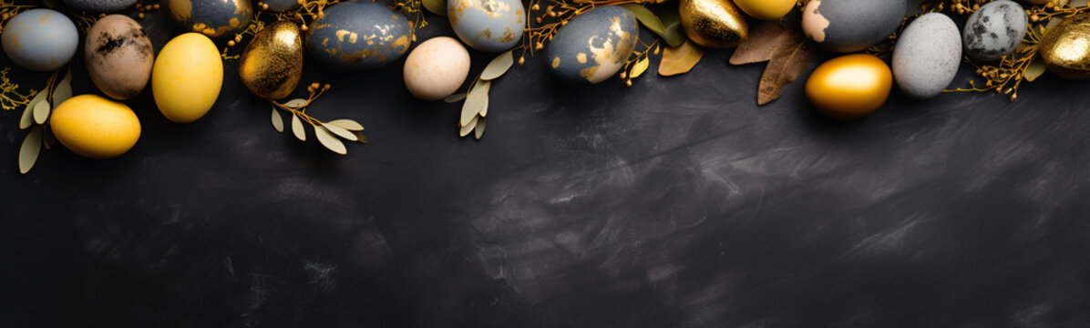 Osterdekoration mit edlen, goldenen Eiern auf dunklem Schieferhintergrund