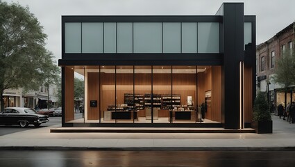 A sleek and modern storefront, with clean lines. Minimal architecture and design concept. Fashion, consumerism and shopping idea. Copy space.