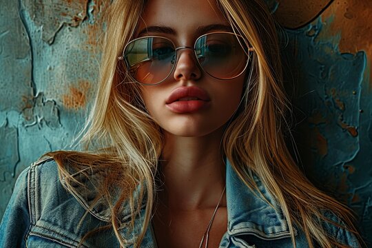 young sensual blonde posing in front of the camera with sunglasses