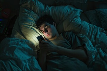 young man addicted to the mobile phone even during sleeping hours