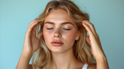 Serene young woman with closed eyes touching hair on blue background