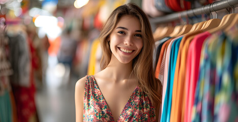 Latin woman in a clothing store selecting multicolored dresses