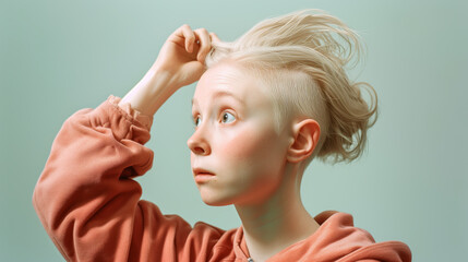Young non-binary person with trichotillomania hair pulling disorder, blonde person pulling their hair,  emo kid with shaved side, portrait studio photography