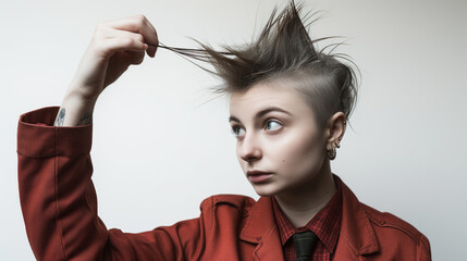 Non-binary punk kid with mohawk pulling their hair, side shave, grunge emo fashion red jacket and tie, OCD and hair pulling disorder - obrazy, fototapety, plakaty