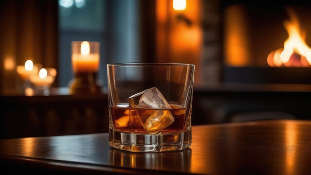 Glass of whiskey with ice on table in bar, fireplace, blurred moody dark background, selective focus