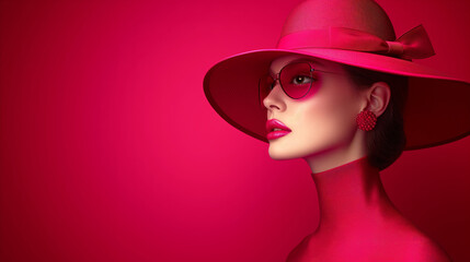 Elegant woman in red hat and accessories with stylish sunglasses