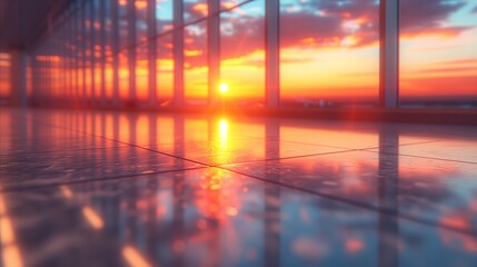 Stunning sunset view through modern glass building interior