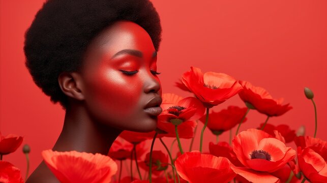 Elegant african woman with red poppies on a vibrant background