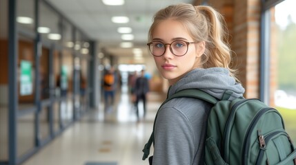Confident student girl with glasses in school hallway with backpack