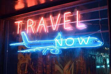 A neon LED sign with the words TRAVEL NOW  and an airplane made with LED lights, red and blue tones for tourism