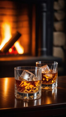Glass of whiskey with ice on table in bar, fireplace, blurred moody dark background, selective focus