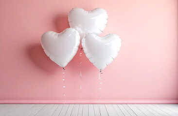Heart shaped white foil balloons on a light pink background, happy Valentine's day card with copy space