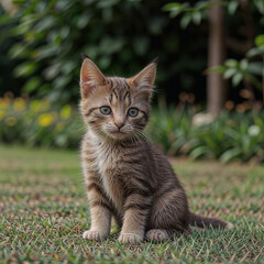 Naklejka na ściany i meble A small kitten with stripes sits on the grass. Ganarative AI. 