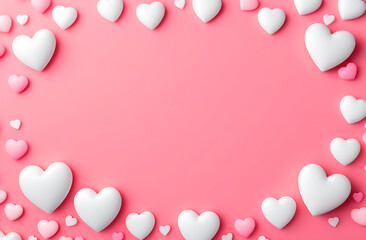 Cute light pink background with frame made of white and pink hearts, baby girl backdrop with copy space