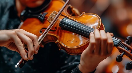 Close-up of violinist playing classic violin instrument in orchestra
