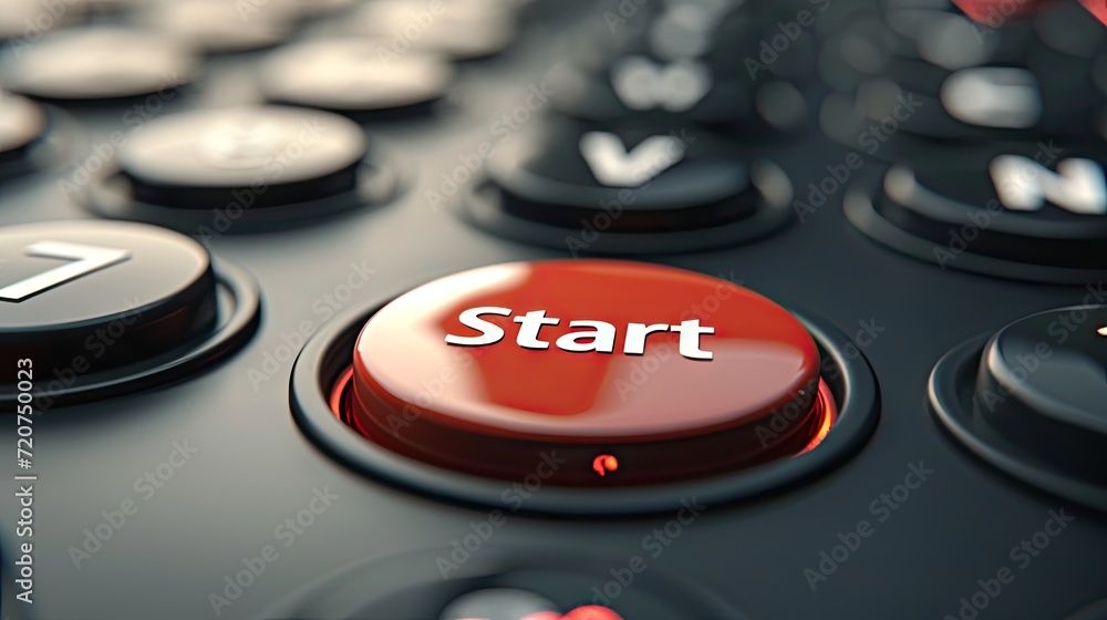 Poster red start button on black computer remote control