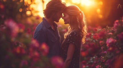Romantic couple sharing a moment at sunset surrounded by flowers