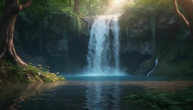 Beautiful magical waterfall in the forest, fantasy and fairy tale whimsical serene background concept Wallpaper, 4k nature created with generative ai	