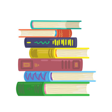 Large stack of books. In cartoon style. Isolated on white background. Vector flat illustration