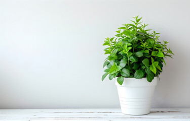 Green home plant on white pot on white wooden table over white background.