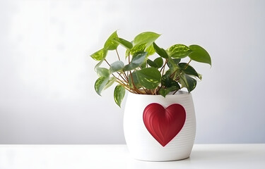 home plant with green leaves and red hearts on white pot on white wooden table over white background.