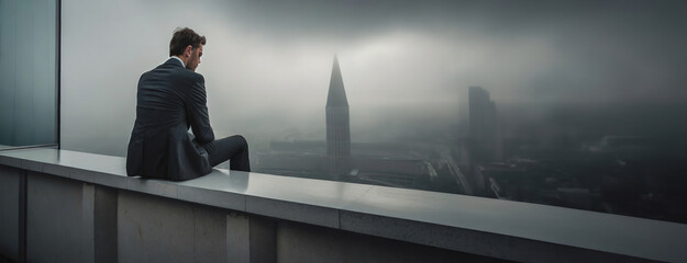 Contemplative Businessman Overlooking a Cityscape. A man in a dark suit sits on a ledge high above,...