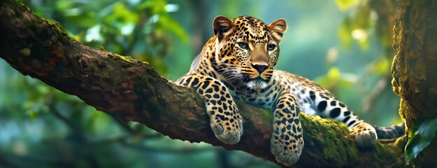 Majestic Leopard Lounging on a Tree Branch. A leopard rests on a tree branch in a lush forest, its gaze fixed intently forward, surrounded by vibrant green foliage - obrazy, fototapety, plakaty